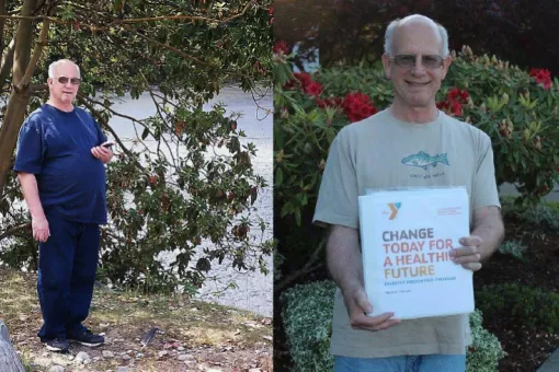 Before and after picture of Fred leading up to and following the completion of his time in the YMCA Diabetes Prevention Program.
