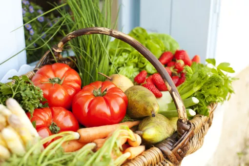 A basket of bright, healthy foods.