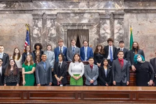 YMCA Youth and Government participants gather at the Washington State Capitol.