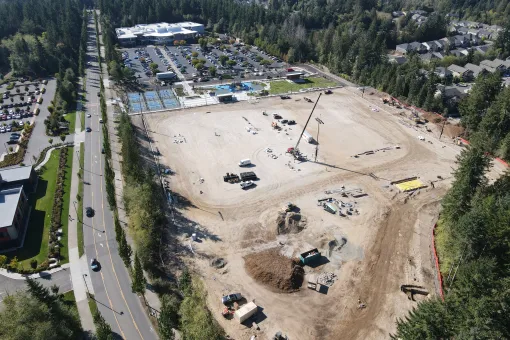 Aerial view of the sports field construction site