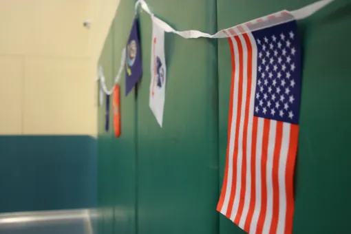 Small U.S., Navy, Coast Guard, and Marine Corps flags hanging on a green indoor wall.