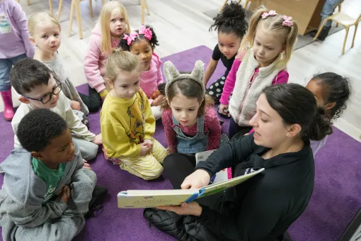 Early learning students gather on a classroom rug as an educator reads a picture book during group story time. Children sit in a circle around the reader in a bright early learning classroom with chairs and learning materials visible in the background.