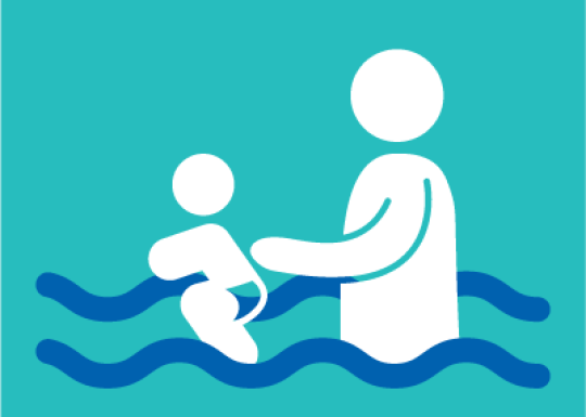 Clip art of a parent guiding a toddler in the pool