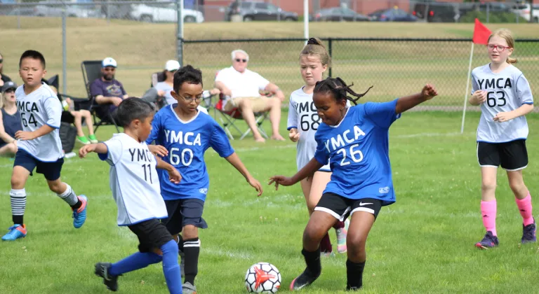 Action shot of a soccer game at the YMCA