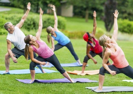 A group outdoors engages in yoga poses 