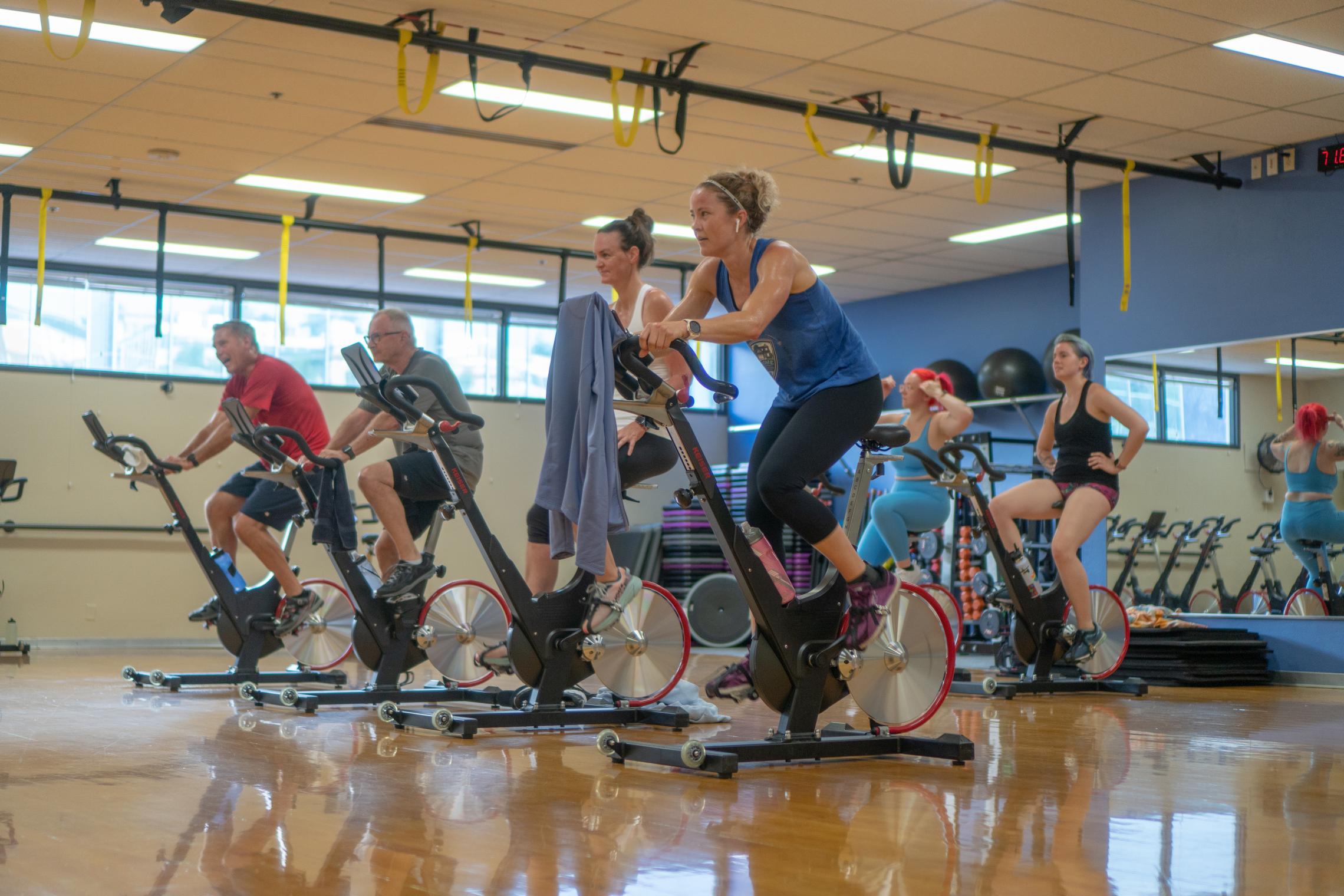 Action shot of a cycle class at the YMCA