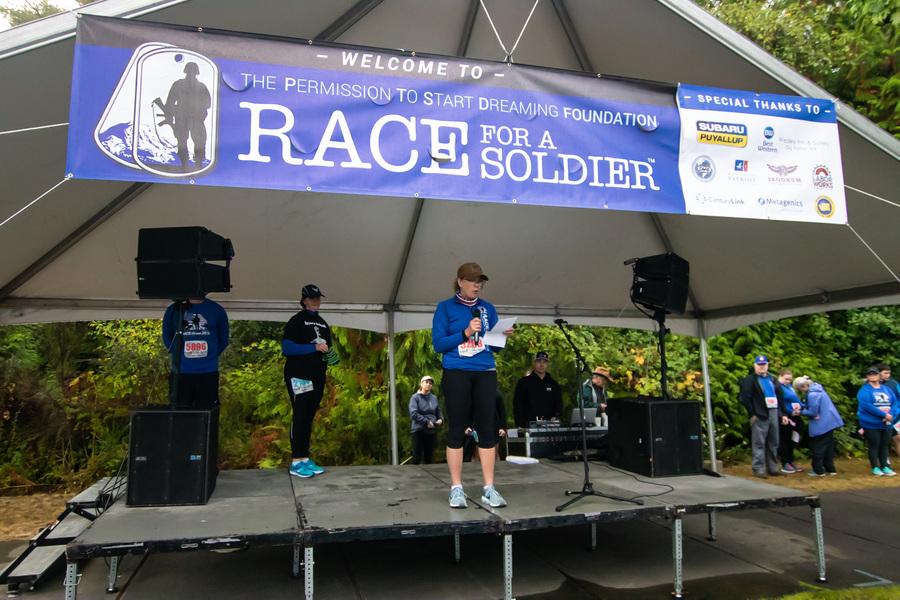 Shot of a speaker kicking off the Annual Race for a Soldier at the YMCA