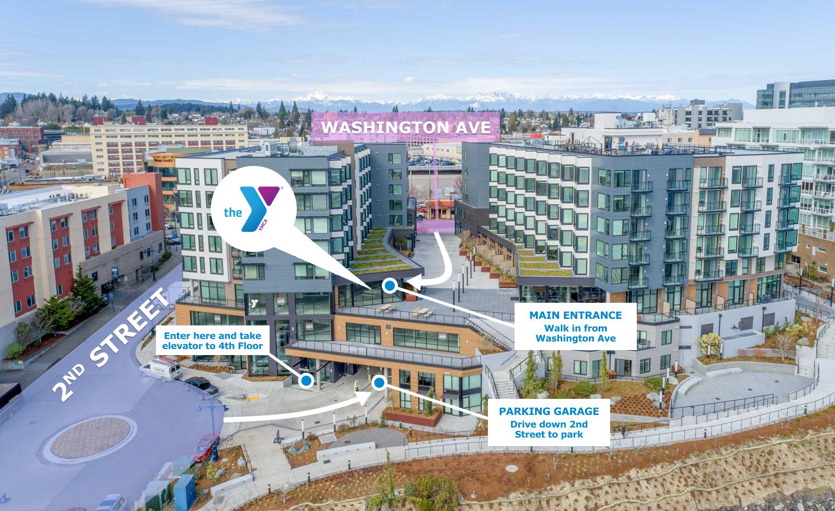 Labeled photo of the Marina Square Express YMCA location, parking, and entrances.