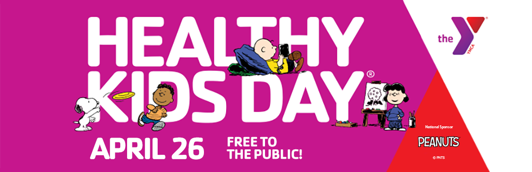 Graphic of the Peanuts characters playing around the text "Healthy Kids Day"