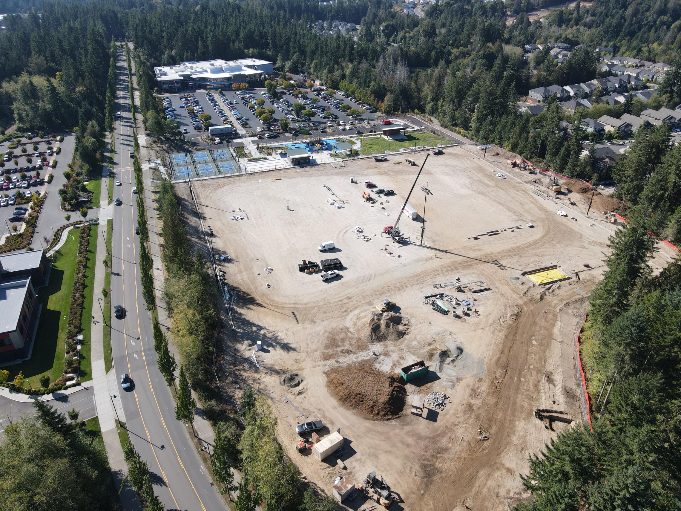 Aerial view of the sports field construction site