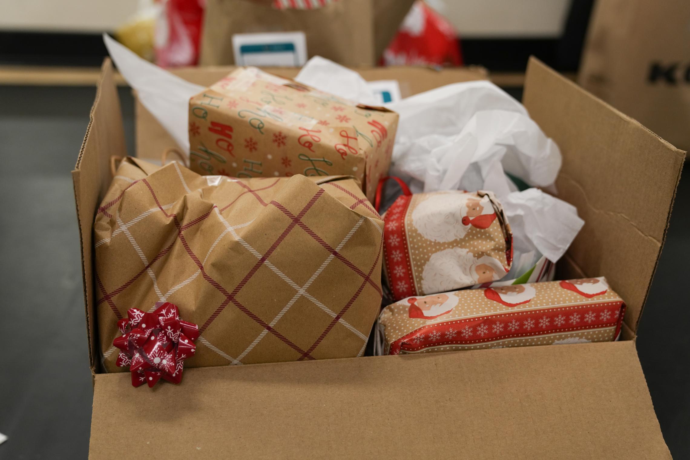 A box of wrapped gifts