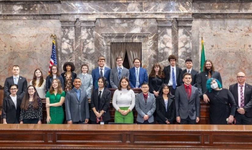 YMCA Youth and Government participants gather at the Washington State Capitol.