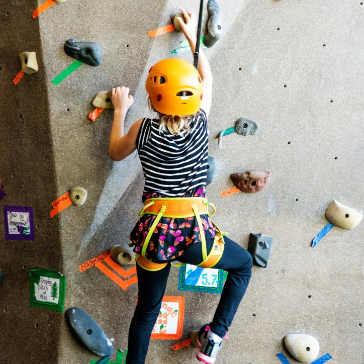 Kids is focusing climbing up a rock wall in an orange harness and helmet.