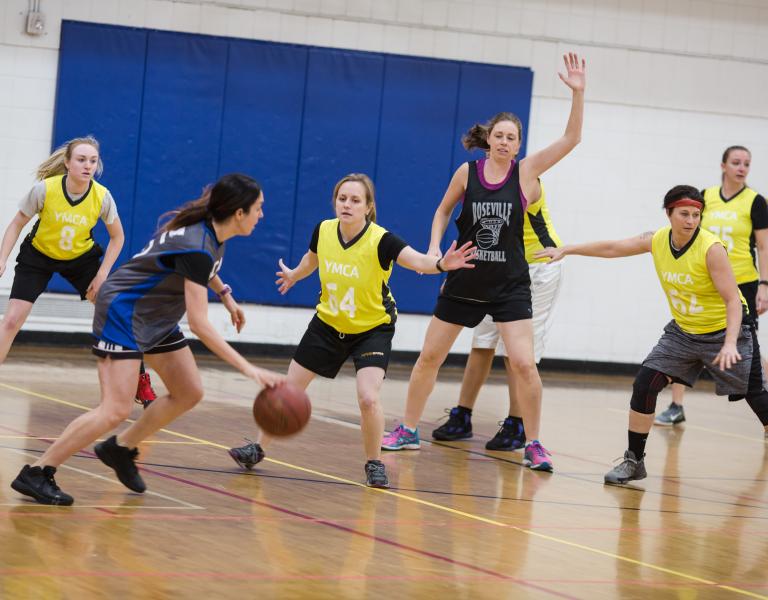 Action shot of a women's basketball game