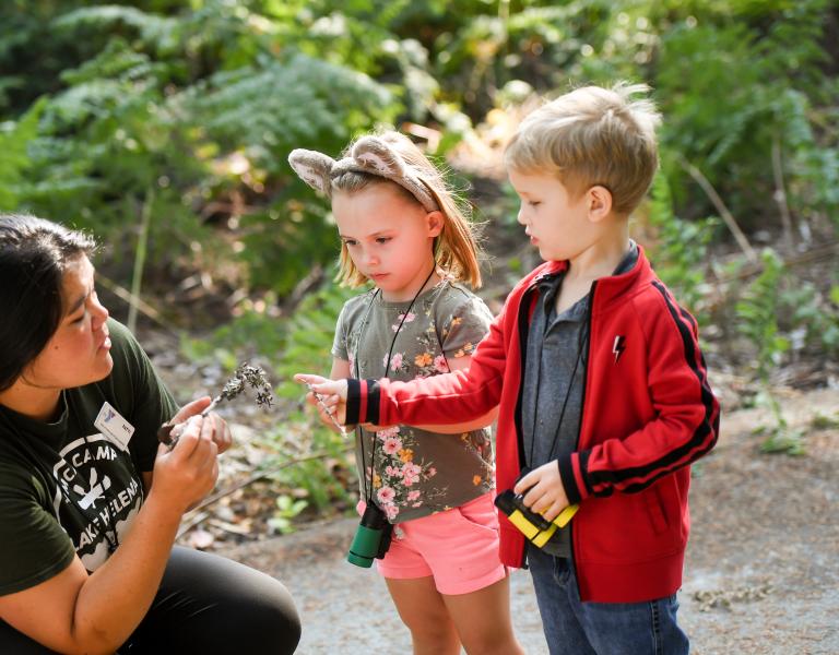 YMCA Camp Lake Helena counselor identifying foliage with preschool campers.