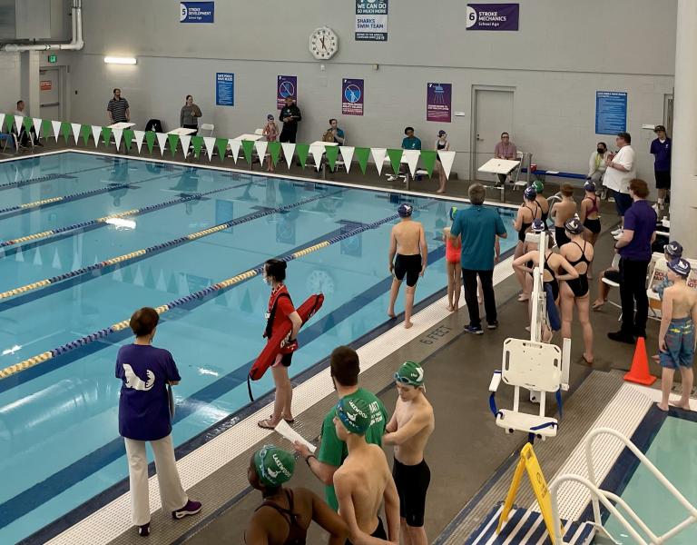 Overhead shot of a Tom Taylor Seals swim meet at the YMCA