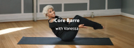 Woman doing core workout with text "Core Barre with Vanessa"