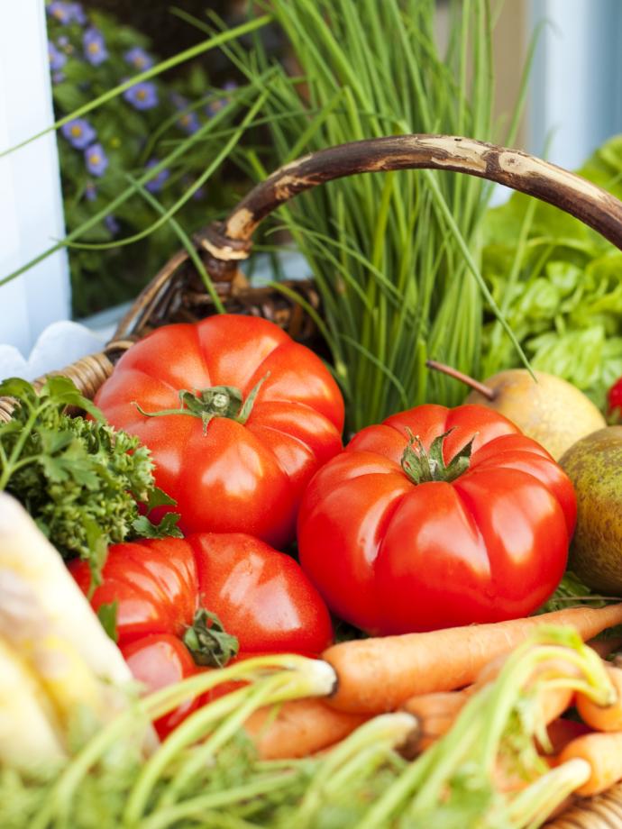 A basket of bright, healthy foods.