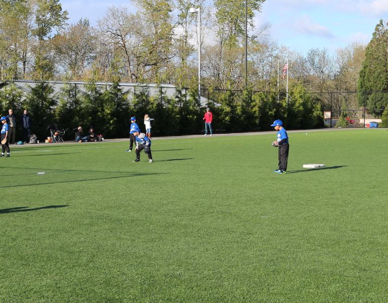 Panorama of the infield of a YMCA baseball game