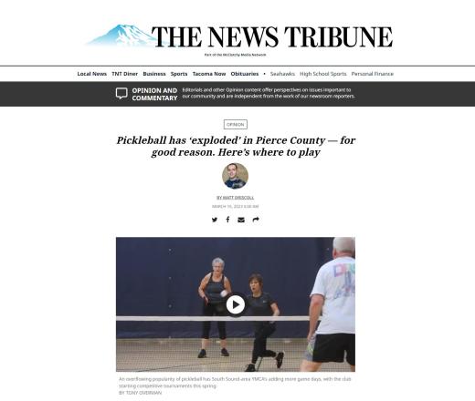Screen capture of a News Tribune story written on pickleball