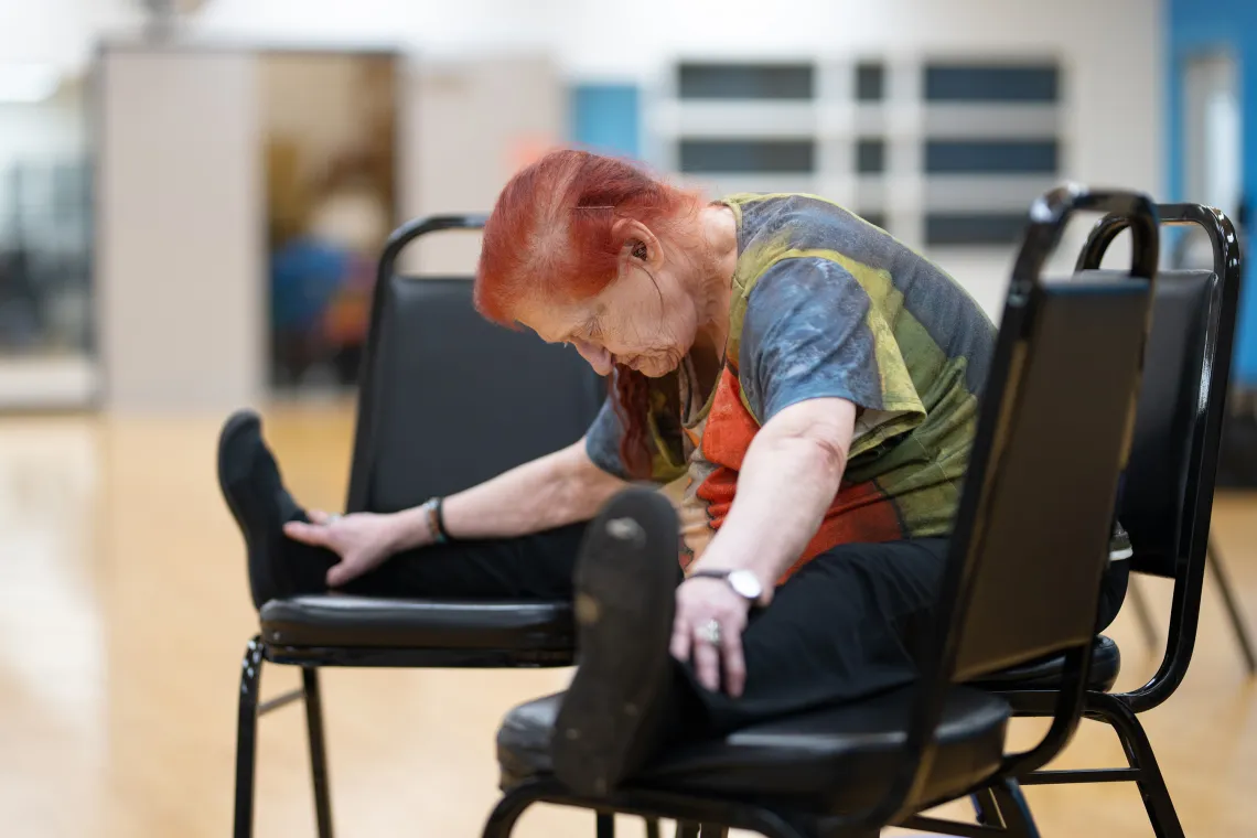 Nancy Stretching Legs at Lakewood Family YMCA