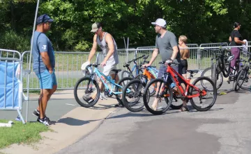 Shot of cyclists during the Lazy Man Ironman challenge at the YMCA